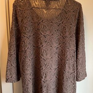Chico’s Textured Lace Rose Pattern Long Sleeve Top - Brown Taupe